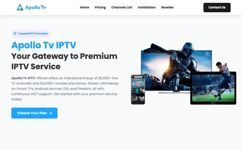 Apollo TV IPTV homepage at www.apollotviptvi.com
