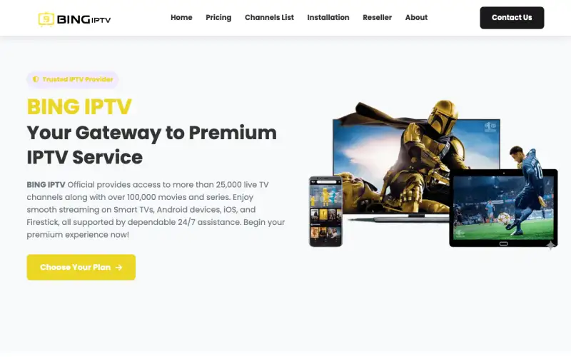 Bing IPTV homepage at tv.bingiptvi.com