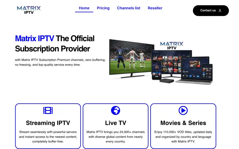 Matrix IPTV homepage at www.matrixiptv.store