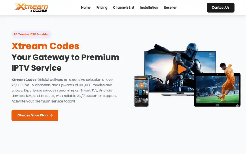 Xtream Codes TV homepage at www.xtreamcodestv.com